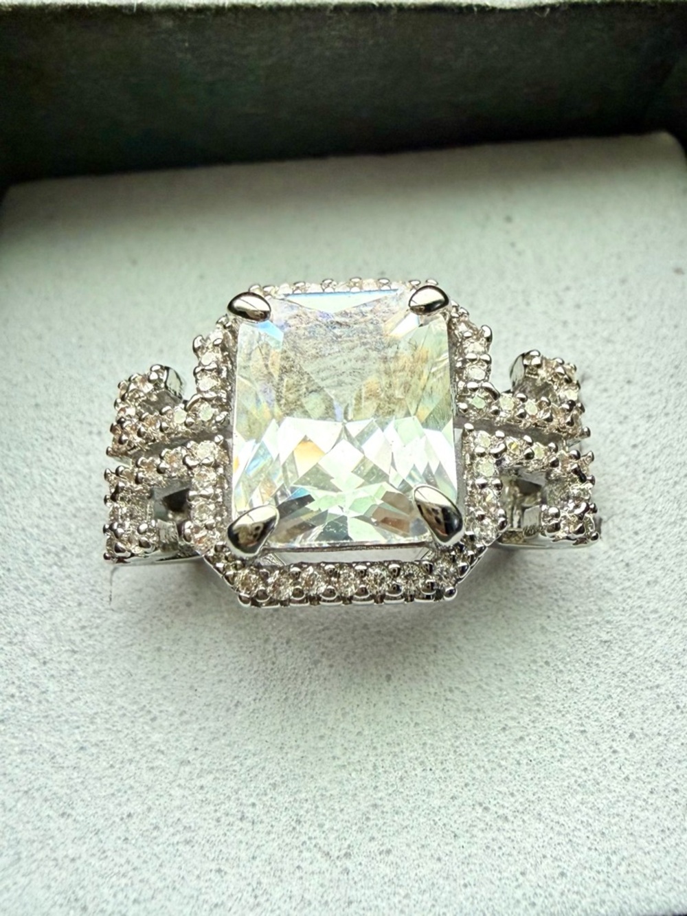 NEW! 14k White Gold Plated Square Halo Statement Ring with Clear Center Stone
